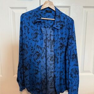 Tahari Womens Blue Black Floral Collared Long Sleeve Button-Up Shirt Size XL